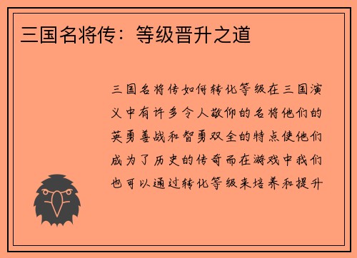 三国名将传：等级晋升之道