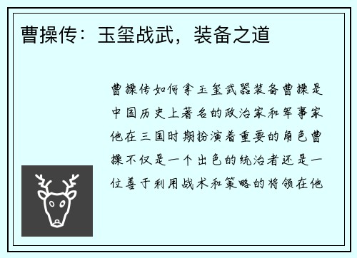 曹操传：玉玺战武，装备之道